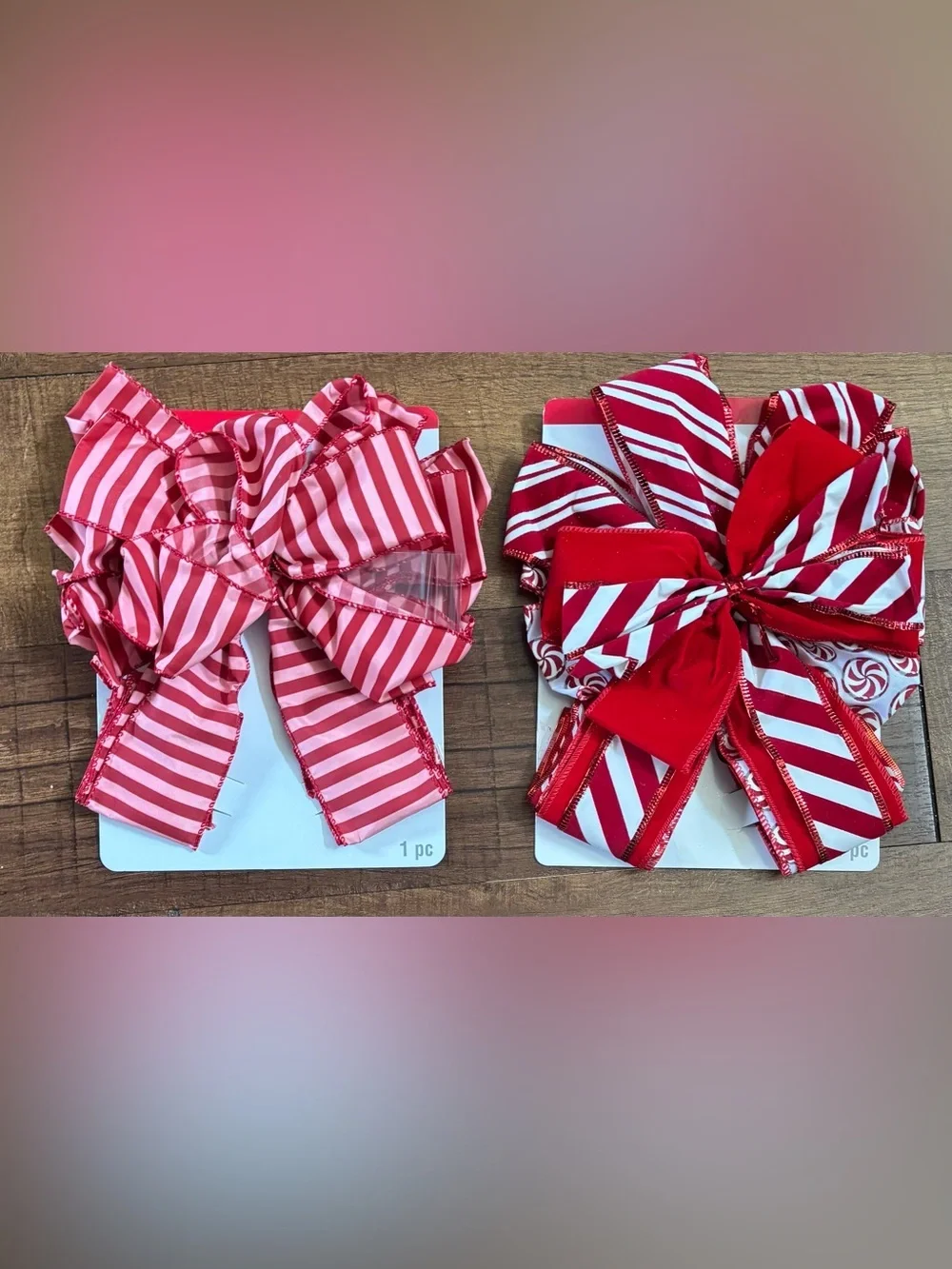 Christmas tree bows 2 total NEW NWT pink red stripe red white peppermint